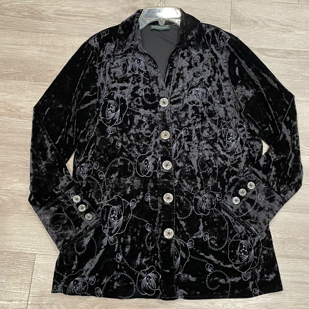 Womens Crushed Velvet Shirt Floral Embroidery Gothic Whimsigoth Holiday READ